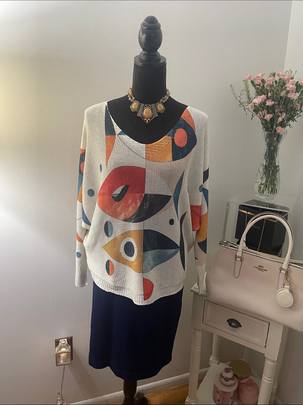 Abstract Pattern Cream Pullover Sweater with Orange, Navy, Mustard, Light Blue